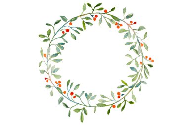Sulu boya Noel çelenk ile şube ve kırmızı meyveler