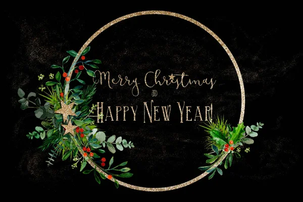 いくつかの水彩画の枝とあいさつ文と黒の背景の金色のキラキラ リングで最小限のクリスマス リース — ストック写真