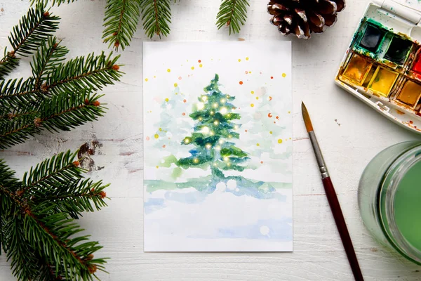 Handgemaakt Aquarel Kerstkaart Werktafel Met Aquarel Doos Borstels Palet Spar — Stockfoto