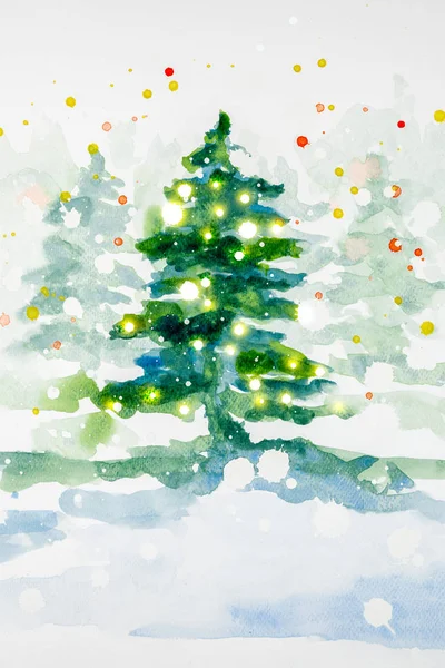 Illustrazione Dell Albero Natale Con Luci Realizzate Mano Acquerello Copia — Foto Stock