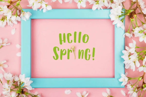 Hello Spring Text Made Flower Empty Turquoise Picture Frame Pink — Stock Photo, Image
