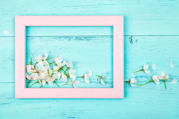 Cherry Blossom Flowers Empty Pink Picture Frame Turquoise Wooden Planks — Stock Photo, Image