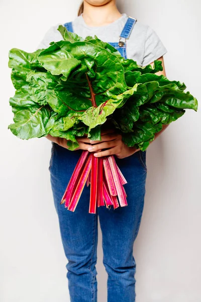 Little farmer girl holding a bunch of swiss chard — Stock Photo, Image