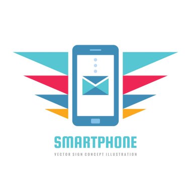 Hareket eden telefon vektör iş logo Konsept illüstrasyon. Smartphone yaratıcı işareti. Modern elektronik teknoloji. Cep telefonu sembolü. Hızlı hızlı e-posta. Tasarım öğesi.