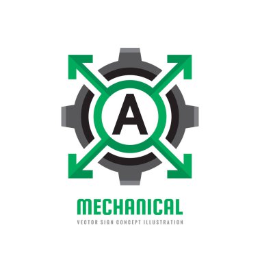 Mekanik harf A - vektör logo şablonu konsept illüstrasyon. Dişli dişli soyut işareti. Yaratıcı dijital sembolü. Endüstriyel Teknoloji simgesi. Arama motoru optimizasyonu. Grafik tasarım öğesi. 