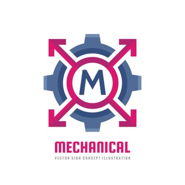 Mekanik harf M - vektör logo şablonu konsept illüstrasyon. Dişli dişli soyut işareti. Yaratıcı dijital sembolü. Endüstriyel Teknoloji simgesi. Arama motoru optimizasyonu. Grafik tasarım öğesi. 