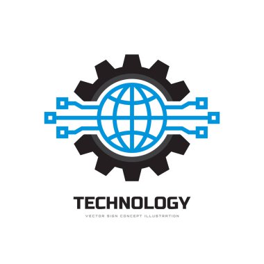 Teknoloji - kavramı iş logo şablonu vektör çizim. Dünya dünya ile dişli simgeleri. Karikatür mekanik işareti. Bilgisayar ağ Seo kutsal kişilerin resmi. Grafik tasarım öğesi. 