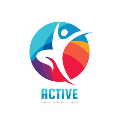 Etkin - kavramı iş logo şablonu vektör çizim. Soyut insan karakteri yaratıcı işareti. Spor fitness insanlar sembolü. Sağlık simgesi. Grafik tasarım öğesi. 
