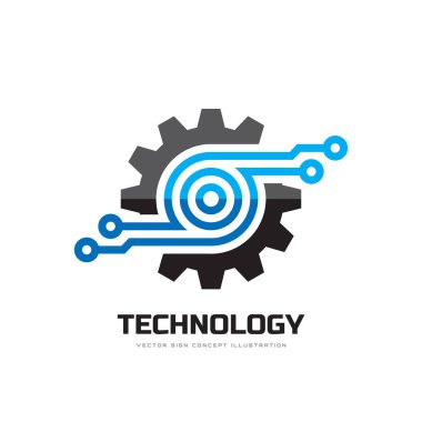 Dijital teknoloji - vektör iş logo şablonu konsept illüstrasyon. Dişli elektronik fabrika işareti. COG tekerlek teknoloji sembolü. SEO amblemi. Tasarım öğesi.