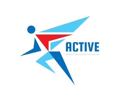 Soyut insan karakteri - kavramı iş logo şablonu vektör çizim. Çalışan adam yaratıcı işareti. Aktif spor fitness sembolü. Grafik tasarım öğesi. 