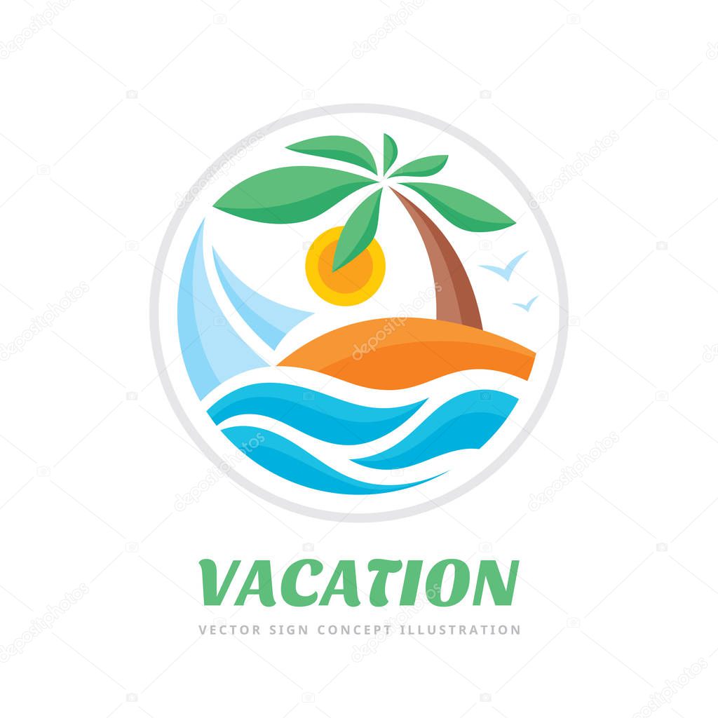 Summer travel vacation vector logo concept illustration in circle shape. Paradise beach color graphic sign. Sea resort, sun, palm tree and waves.