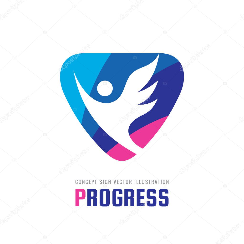 Progress - vector business logo template concept illustration. Abstract human character with wing creative sign. Positive symbol. Flight figure icon. Angel emblem. Graphic design element.