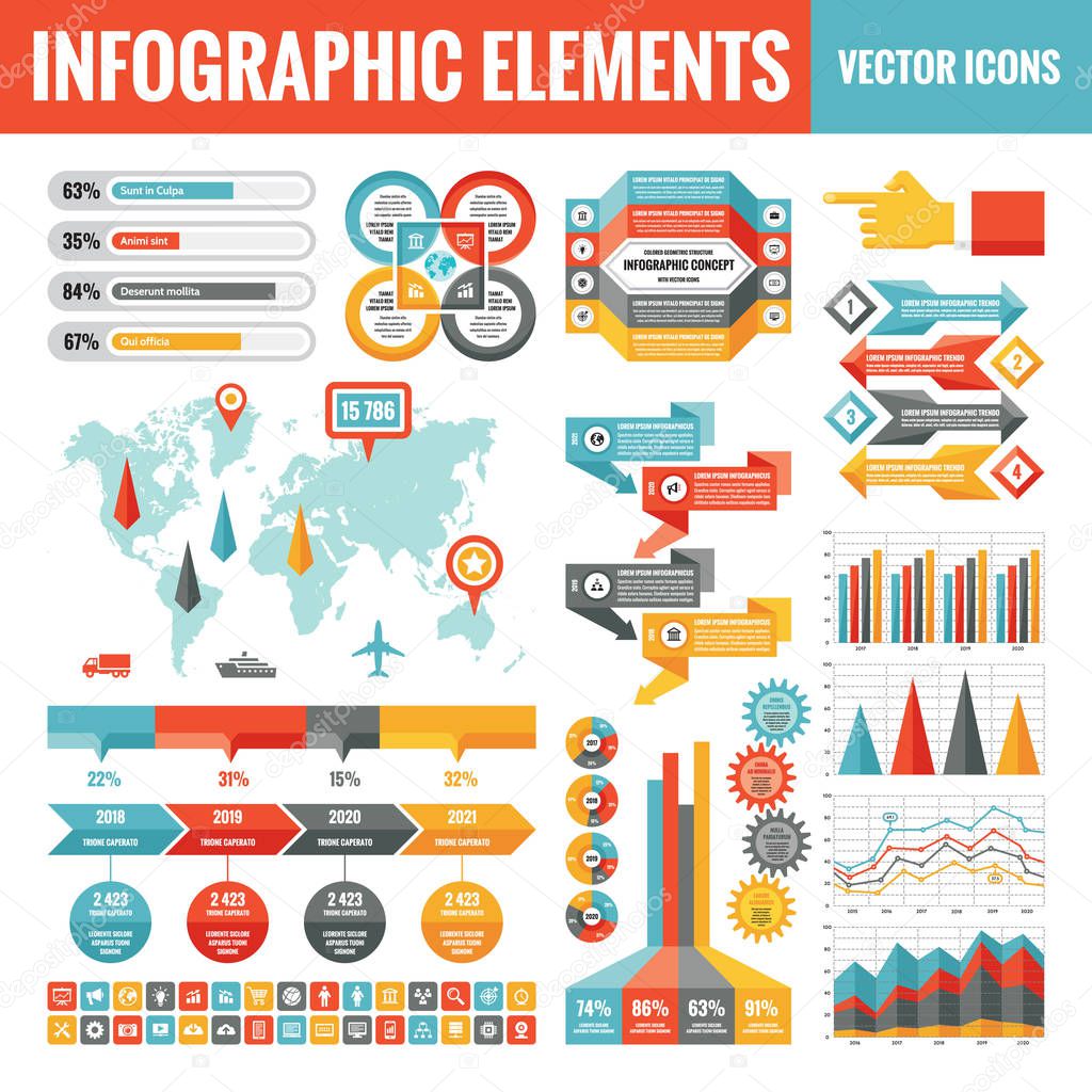 Infographic elements template collection - business vector Illustration in flat design style for presentation, booklet, website etc. Big set of Infograph and icons. Abstract graphic concept banners. 