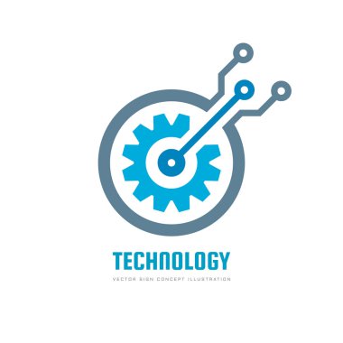 Dijital teknoloji - vektör iş logo şablonu konsept illüstrasyon. Dişli elektronik fabrika işareti. COG tekerlek teknoloji sembolü. SEO amblemi. Tasarım öğesi.