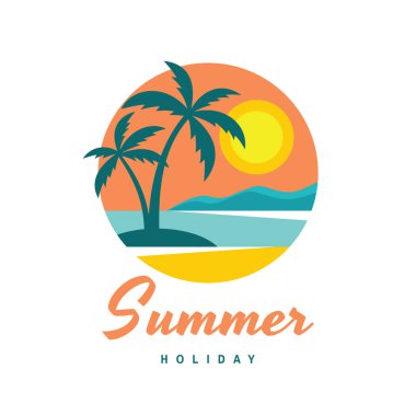 Yaz tatili - kavramı iş logo vektör düz stil resimde. Tropik cennet yaratıcı rozeti. Avuç içi, ada, sahil, gündoğumu, deniz. Seyahat webbanner veya poster. Grafik tasarım öğesi. 