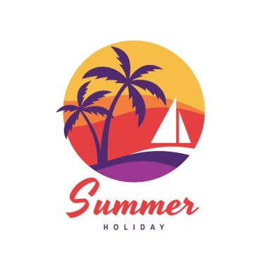 Yaz tatili - kavramı iş logo vektör düz stil resimde. Tropik cennet yaratıcı rozeti. Avuç içi, ada, sahil, gündoğumu, dalga deniz. Seyahat webbanner veya poster. Grafik tasarım öğesi.