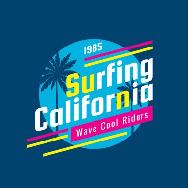 Sörf California - kavramı logo rozet vektör çizim t-shirt, baskı, afiş, broşür için. Summer, avuç içi, sörf. Tropik cenneti. Plaj sahil. Dalga serin biniciler. Tipografi tasarım kompozisyon.