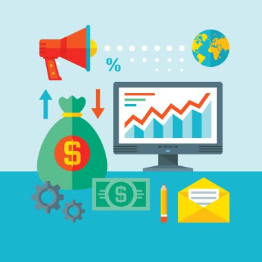 Infographic ekonomi kavramı vektör çizim düz tasarım tarzında. Web analytics bilgi ve geliştirme web sitesi istatistik. Bilgisayar, hoparlör, mektup, Küre, para Doları, dişli. SEO. 