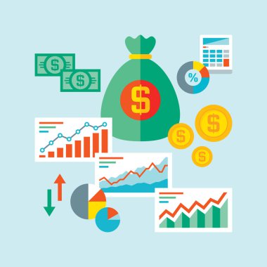 Infographic iş ekonomi kavramı vektör çizim düz tasarım tarzında. Analytics bilgi ve geliştirme istatistik. Para Doları banner. Zengin yaratıcı düzeni. Finansal başarı stratejisi. 
