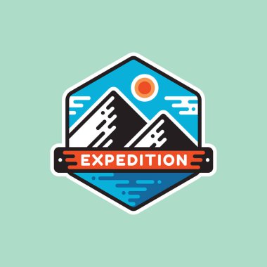 Macera dağ - kavram rozet vektör çizim. Sefer explorer düz stil yaratıcı logo. Keşif açık işareti. Aşırı keşif amblemi. Yaz kamp. Grafik tasarım öğesi. 