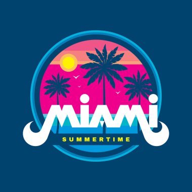 Florida Miami yaz - vektör illüstrasyon kavramı retro vintage grafik tarzı t-shirt, baskı, afiş, broşür için. Avuç içi, güneş, sahil, plaj. Rozet logo tasarımı. Yaz seyahat etmek tatil. 