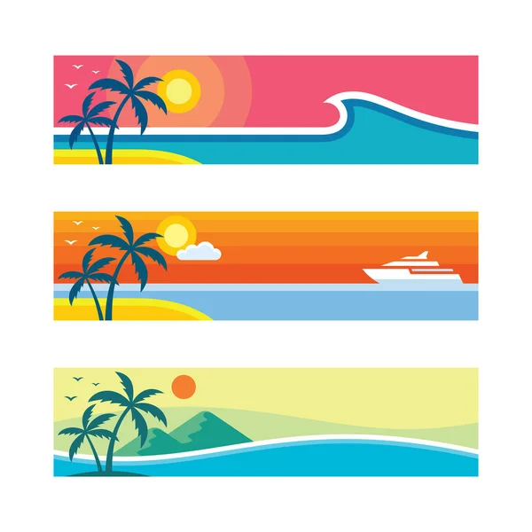 Καλοκαιρινά Ταξίδια Σετ Οριζόντια Έννοια Banner Πρότυπα Εικονογράφηση Διάνυσμα Επίπεδη — Διανυσματικό Αρχείο