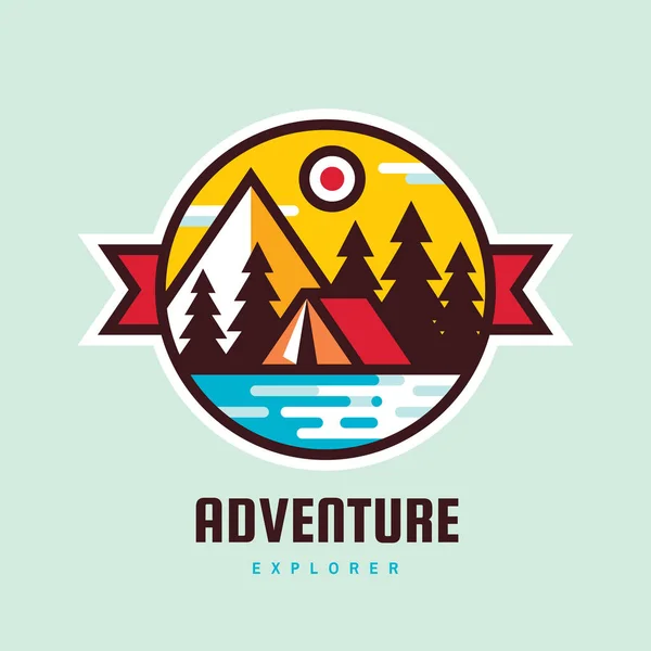 Aventura Montaña Concepto Insignia Vector Ilustración Expedición Explorador Logo Creativo — Vector de stock