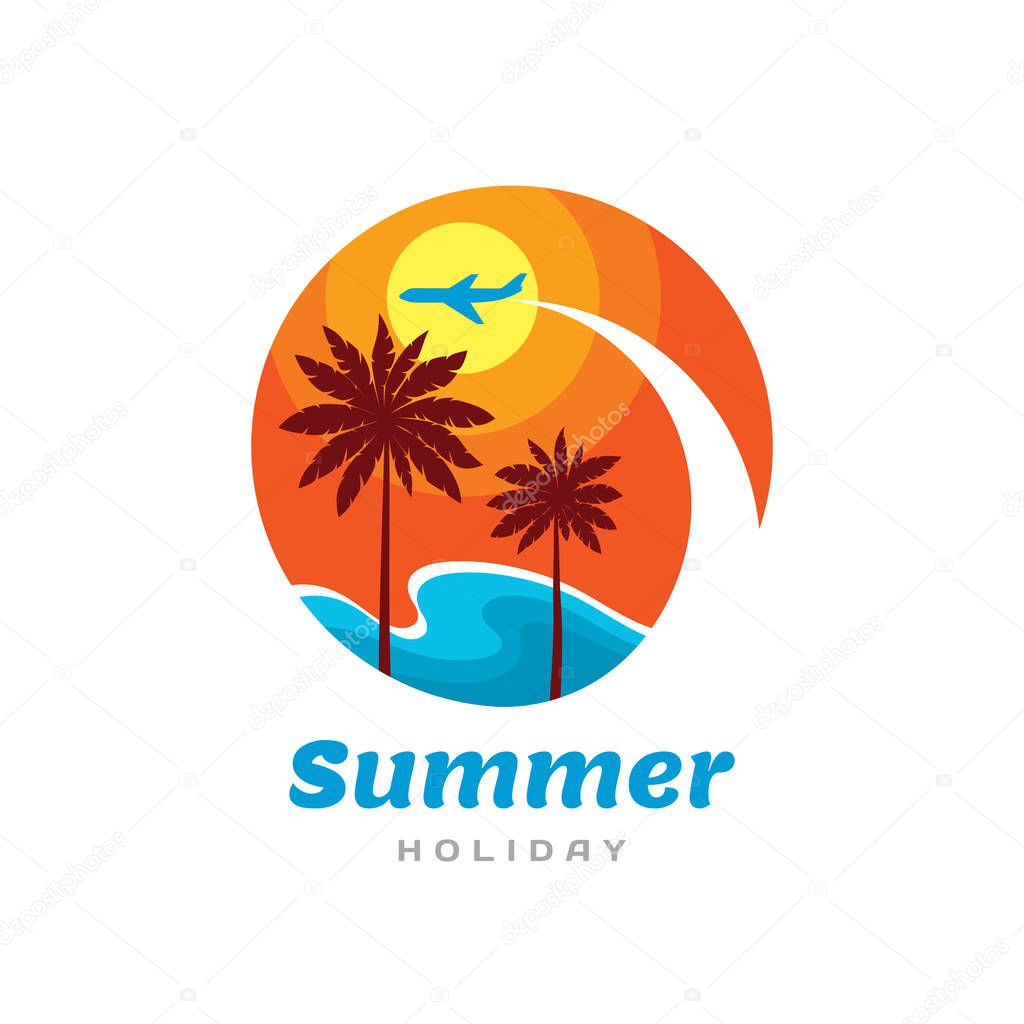Summer holiday - concept business logo template. Travel vector illustration. Vacation creative sign. Tropical paradise symbol. Airplane, sun, sunset, sky, sea waves, palms, coast. Graphic design.