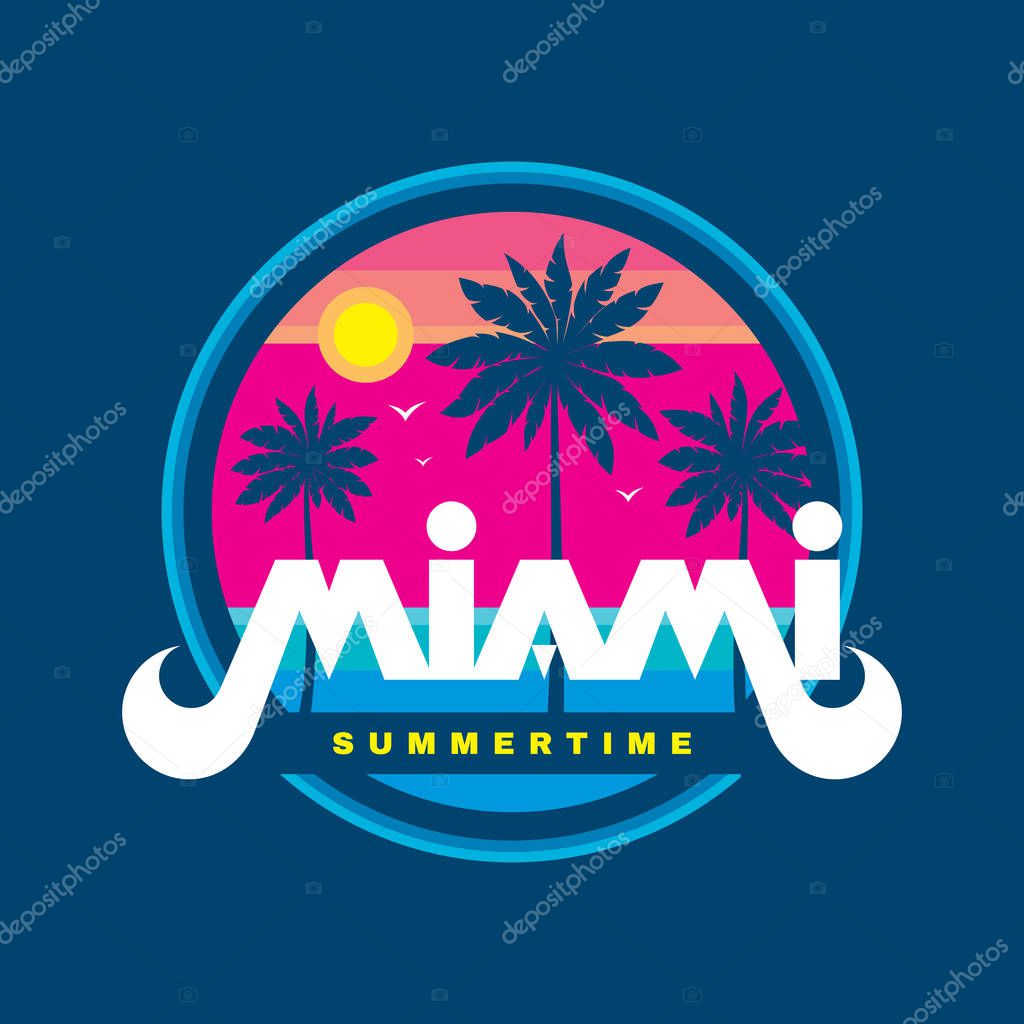Florida Miami summertime - vector illustration concept in retro vintage graphic style for t-shirt, print, poster, brochure. Palms, sun, coast, beach. Badge logo design. Summer travel vacation.