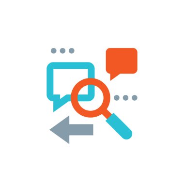 Arama motoru optimizasyonu-konsept vektör Illustration. Büyüteç, konuşma kabarcıkları mesajı, ok. Analitik iş süreci simgeleri. Bilgi izleme. İletişim danışmanlığı. Grafik tasarım. 