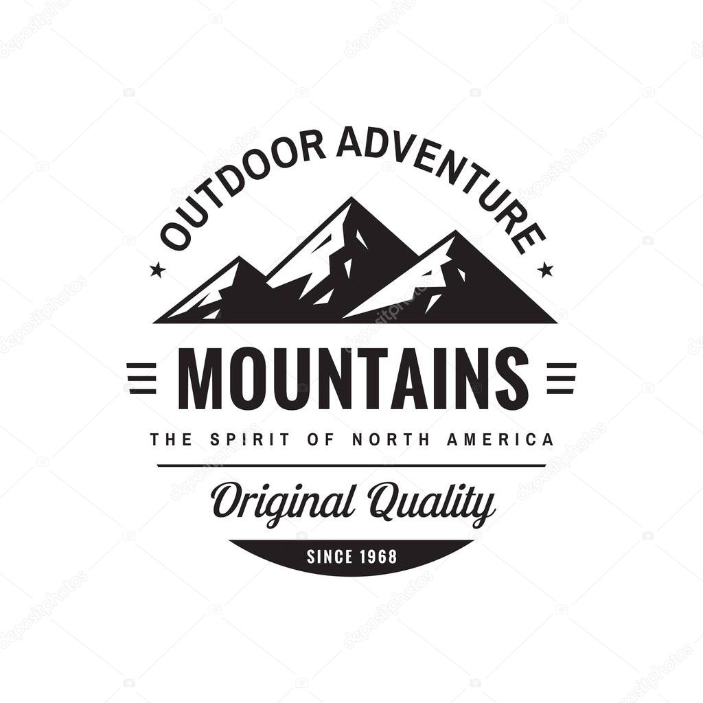 Mountains outdoor adventure - concept logo badge for t-shirt clothing. Original quality. Retro vintage style. Fashion graphic design. Explore expedition. Mountaineering hiking. Creative emblem.
