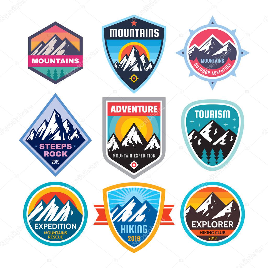 Set of adventure outdoor concept badges, summer camping emblem, mountain climbing logo in flat style. Extreme exploration sticker symbol. Creative vector illustration. Graphic design element.