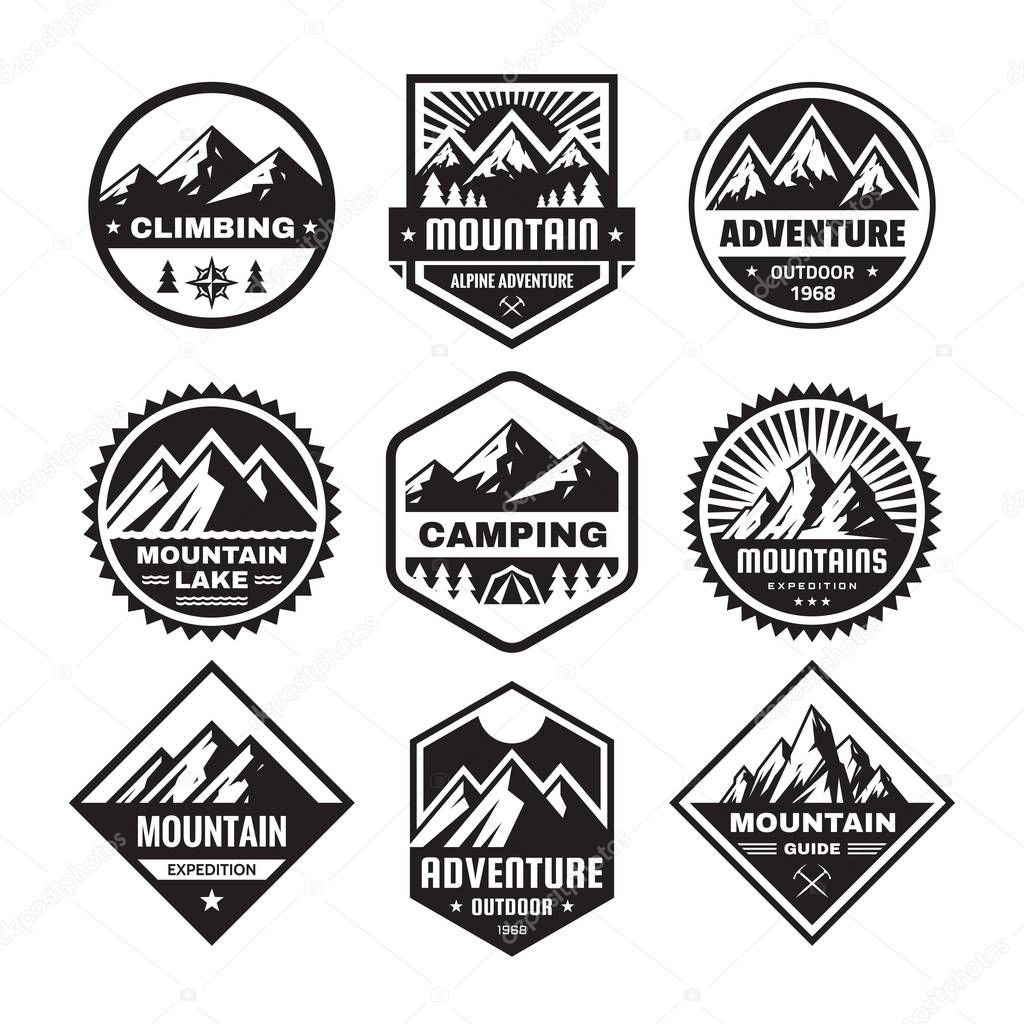 Set of adventure outdoor concept badges, camping emblem, mountain climbing logo in flat style. Exploration sticker symbol. Creative vector illustration. Graphic design in black and white colors.  