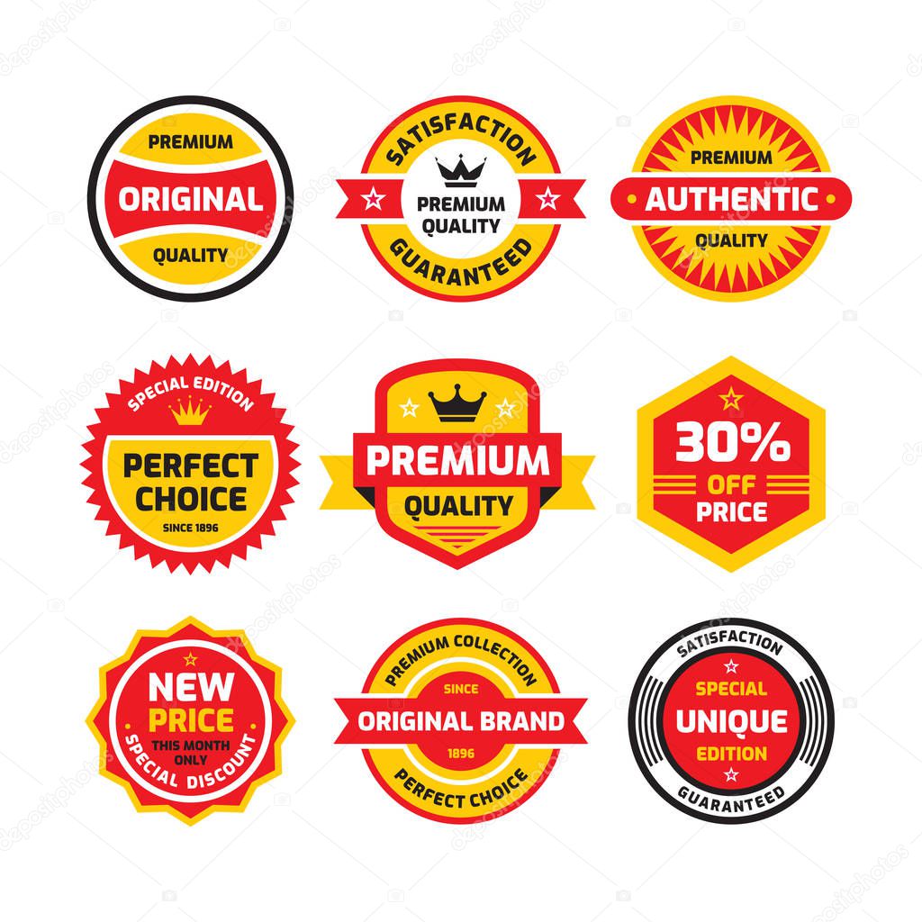 Set retro business badge vector illustration set in flat style. Vintage premium logo collection. Authentic original quality. Satisfaction guaranteed. Sticker, label and emblem graphic design elements.