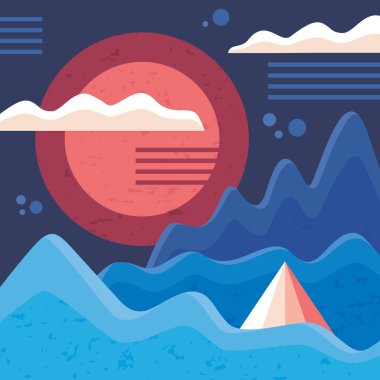 Minimal Vintage tarzında Fantastik Soyut peyzaj arka plan. Konsept vektör Illustration. Dağlar, Güneş ve bulutlar. Grafik tasarım dekoratif poster.  
