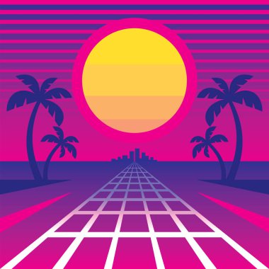 Synth Wave müziğin retro tarzında tropikal Sanset ve şehir kavramı vektör Illustration yolu ' 80 s. soyut bilim-kurgu Retro futuristik arka plan için CD kapak. grafik tasarım poster. 