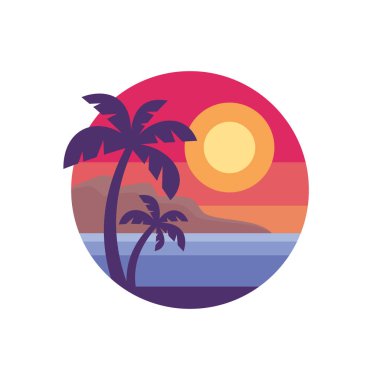 Yaz tatili - kavramı iş logo vektör düz stil resimde. Tropik cennet yaratıcı rozeti. Avuç içi, ada, sahil, gündoğumu, deniz. Seyahat webbanner veya poster. Grafik tasarım öğesi.