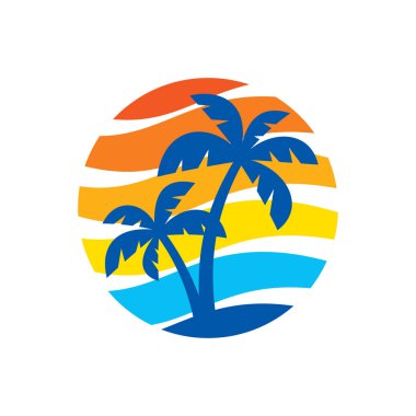 Düz tarzda yaz tatil-konsept iş logosu vektör illüstrasyon. Tropikal cennet yaratıcı rozeti. Palms, plaj, deniz dalgası. Seyahat Web afiş veya poster. Tişört rozeti. Grafik tasarım.