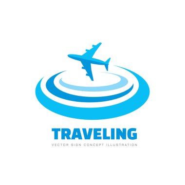 Traveling-konsept iş logosu şablon vektör illüstrasyon. Uçak yaratıcı işareti. Hava seyahat sembolü. Grafik tasarım elemanı. 