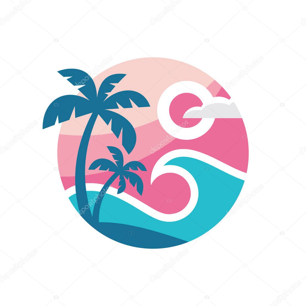 Summer travel - concept business logo template vector illustration. Tropical paradise vacation creative icon sign in flat design style. T-shirt badge. Palm tree, sea wave, sun. 