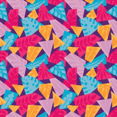 Egzotik bitkiler yaprakları-yaratıcı vektör illüstrasyon. Floral Dikişsiz desen. Soyut geometrik konsept arka plan. Grafik tasarım elemanı. Vintage sanat tarzı. Doğa kolaj çağdaş. 