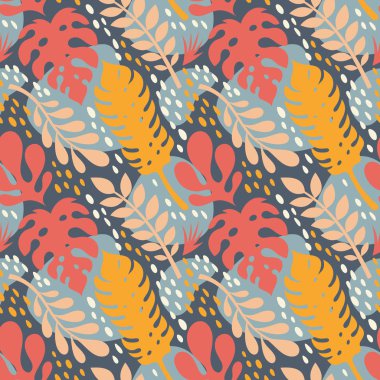 Egzotik bitkiler yaprakları-yaratıcı vektör illüstrasyon. Floral Dikişsiz desen. Soyut konsept arka plan. Tropikal yaz doğası. Grafik tasarım elemanı. Sonbahar Vintage kolaj çağdaş. 