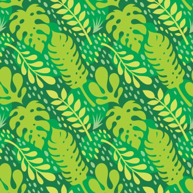 Egzotik bitkiler yaprakları-yaratıcı vektör illüstrasyon. Floral Dikişsiz desen. Soyut konsept arka plan. Tropikal yaz doğası. Grafik tasarım elemanı. Vintage sanat tarzı. Kolaj çağdaş. 