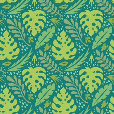 Egzotik bitkiler yaprakları-yaratıcı vektör illüstrasyon. Floral Dikişsiz desen. Soyut konsept arka plan. Tropikal yaz doğası. Grafik tasarım elemanı. Vintage sanat tarzı. Kolaj çağdaş. 