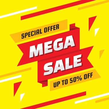 Mega satış özel teklif - konsept afiş vektör illüstrasyon. Yaratıcı poster düzeninde %50'ye varan indirimler. Promosyon soyut alışveriş etiketi etiketi.