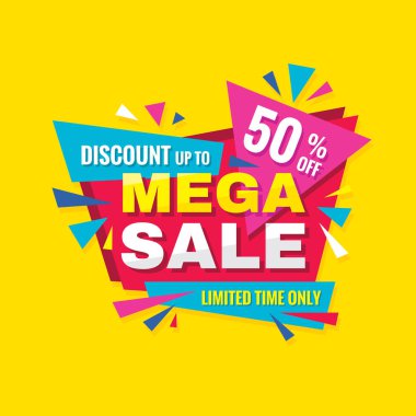 Mega satış - konsept promosyon afiş. Soyut arka plan vektör illüstrasyon. Yaratıcı posterde %50'ye varan indirim. 