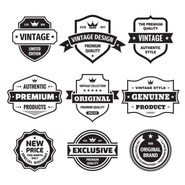 İş rozetleri vektör retro vintage tasarım tarzı ayarlayın. Soyut logo. Üstün kalite. Memnuniyet garantilidir. Orijinal marka. Özel orijinal ürün. Siyah ve beyaz renklerde konsept etiketler. 