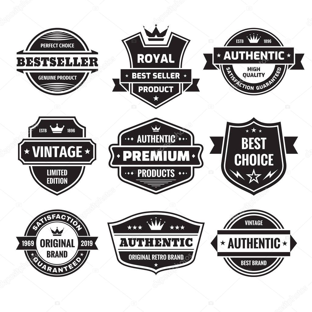 Business badges vector set in retro design style. Abstract logo. Premium quality. Satisfaction guaranteed. Vintage style. Genuine authentic product. Best seller. Original brand. Black and white colors.