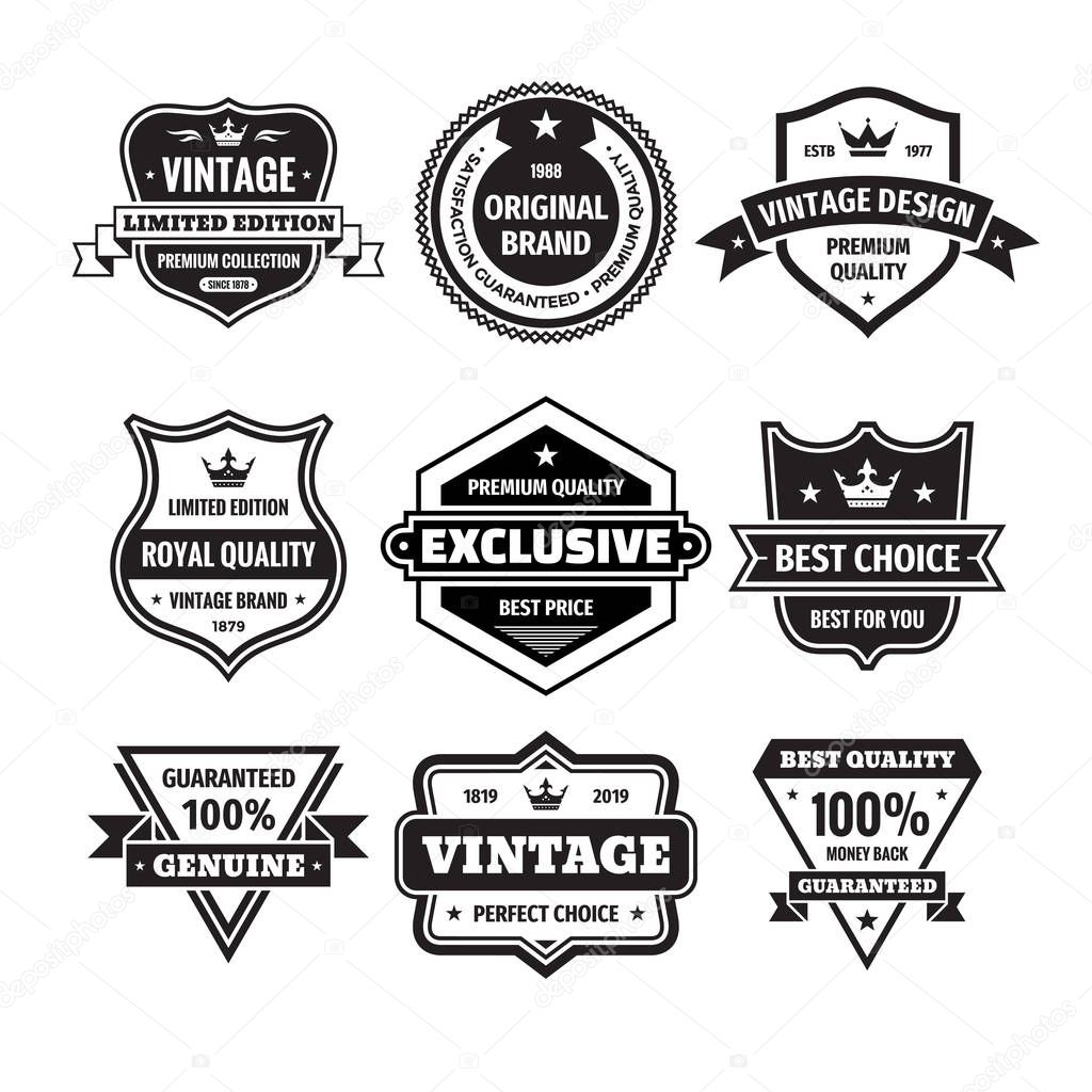 Business badges vector set in retro design style. Abstract logo. Premium quality. Satisfaction guaranteed. Vintage style. Original brand. Limited edition. Exclusive. Best price. Black & white colors.