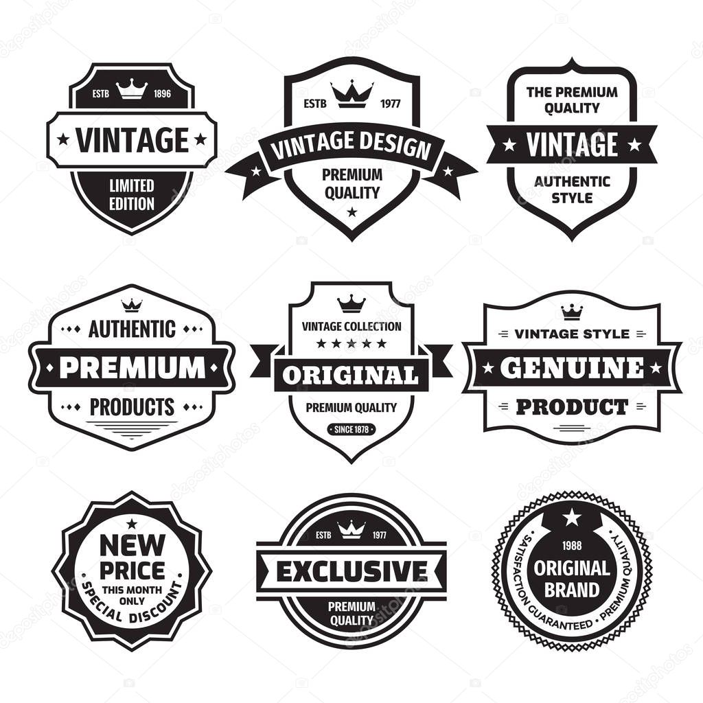 Business badges vector set in retro vintage design style. Abstract logo. Premium quality. Satisfaction guaranteed. Original brand. Exclusive genuine product. Concept labels in black & white colors. 